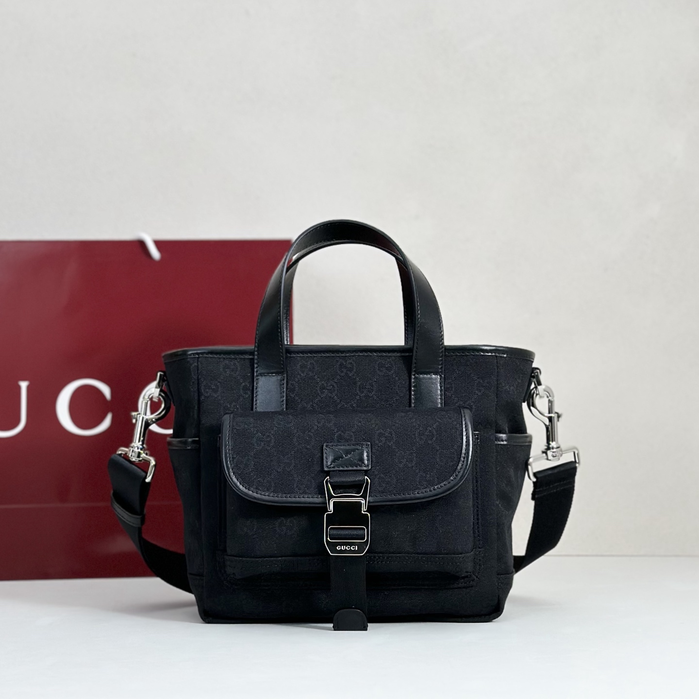 Gucci-Black-GG-Canvas-Small-Tote-Bag-854743-23x21x11CM