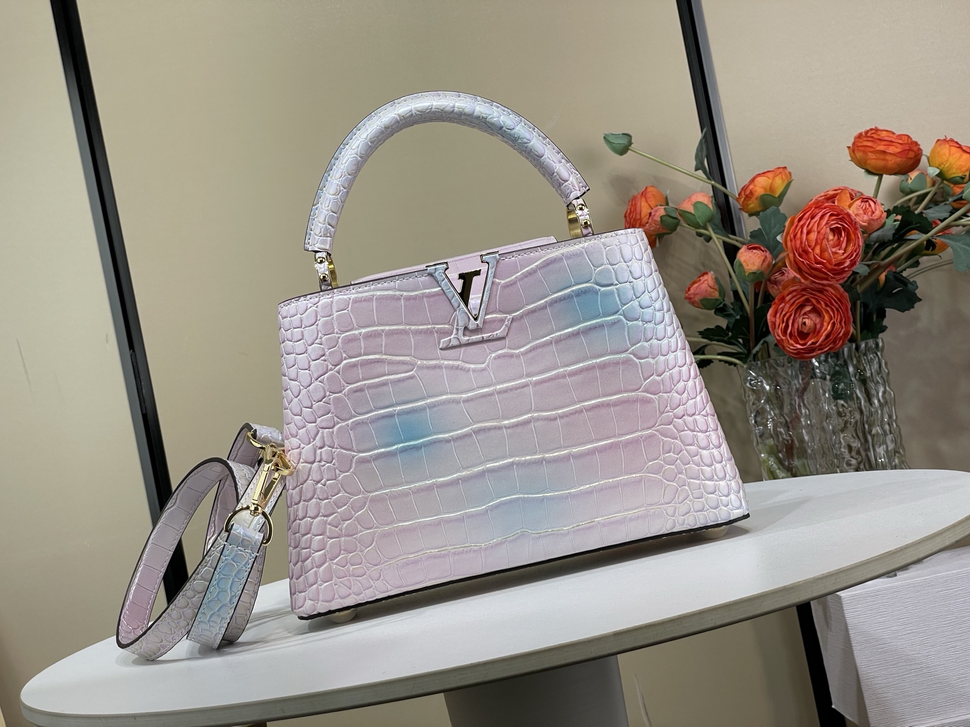 Louis-Vuitton-Capucines-BB-Tote-Shoulder-Bag-Pink-Blue-Crocodile-Embossed-Leather-N48865-21x14x8CM