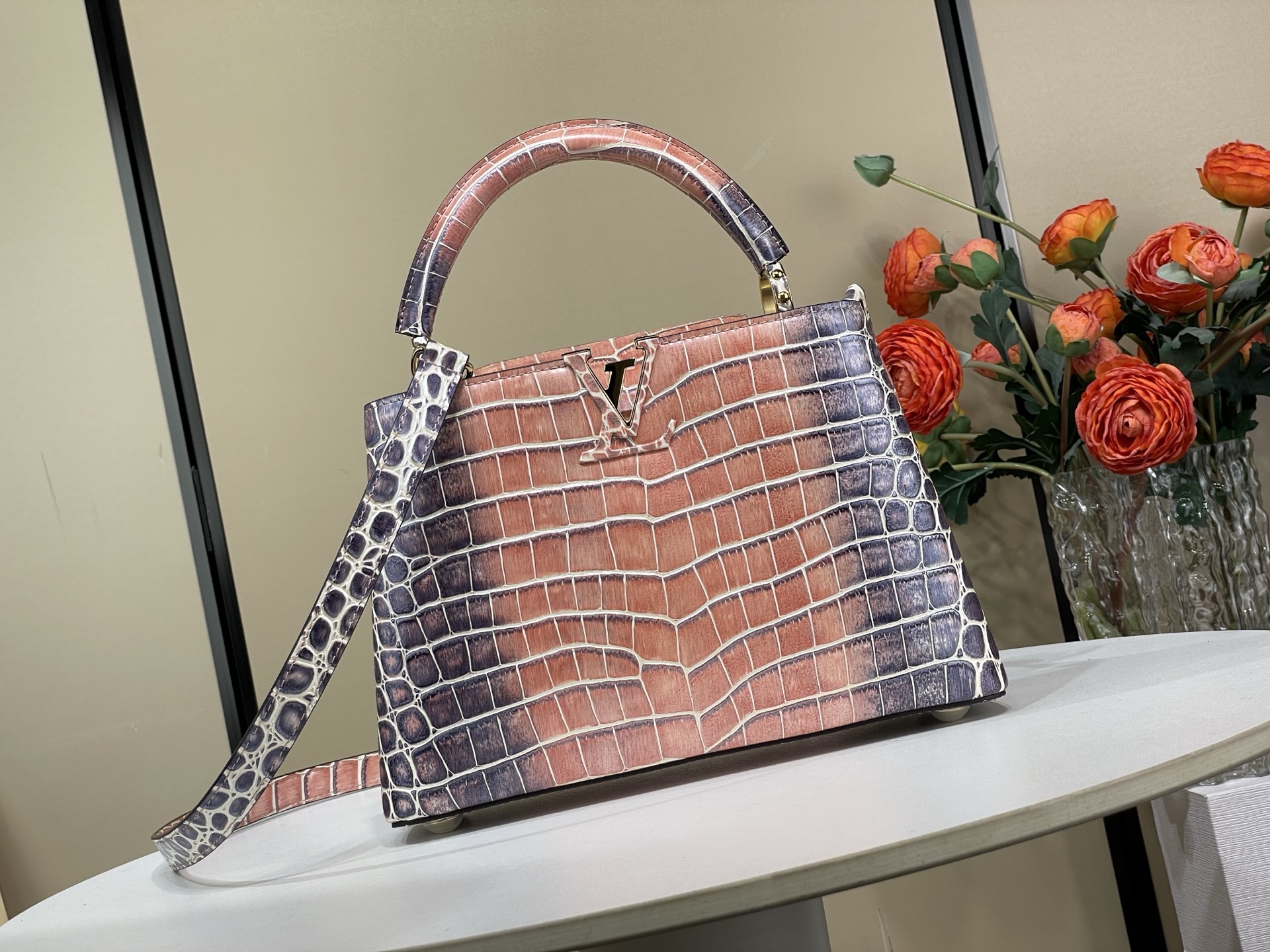 Louis-Vuitton-Capucines-BB-Tote-Shoulder-Bag-Pink-Gray-Crocodile-Embossed-Leather-N48865-21x14x8CM