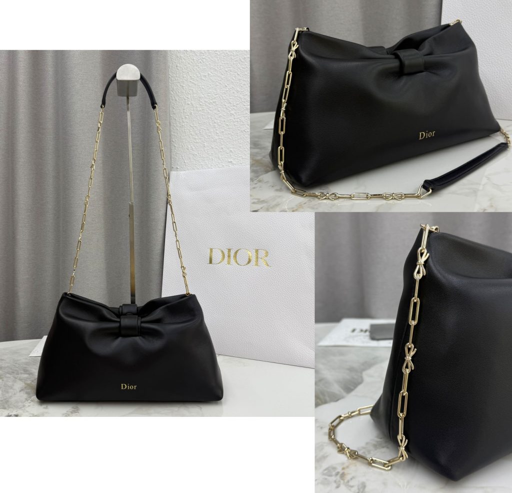 Gold-tone chain strap details for the Replica Dior Bow Bag — luxury handbag hardware shown in multiple angles
