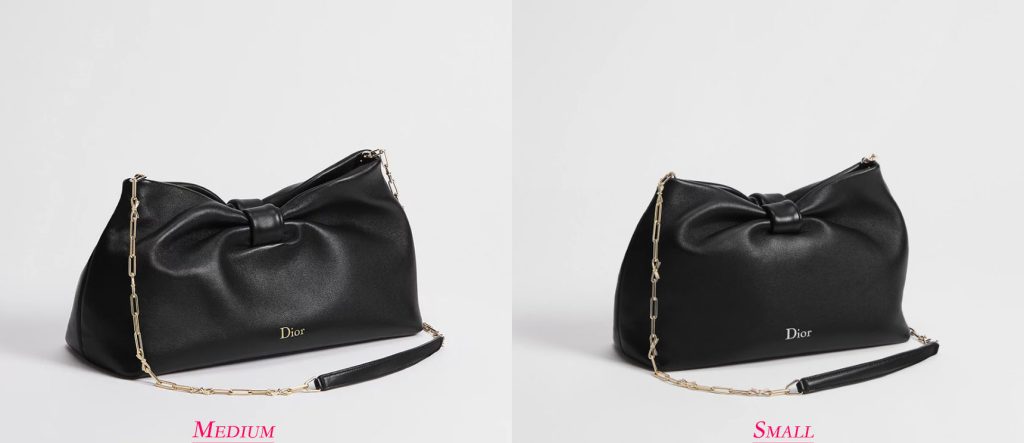 Small vs Medium size comparison of the Black Replica Dior Bow Bag — luxury handbags with signature bow detail