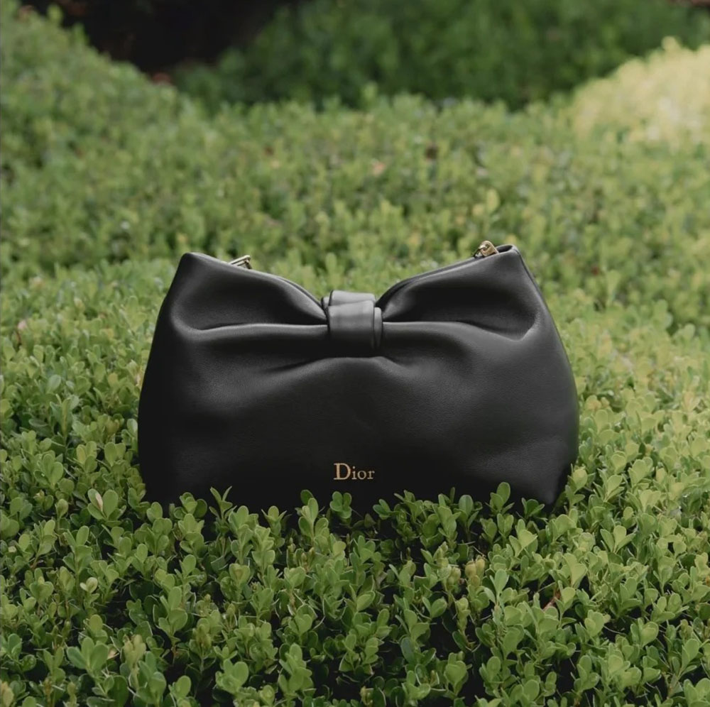 Black Fake Dior Bow Bag — luxury-inspired handbag with signature bow detail, displayed outdoors on green foliage
